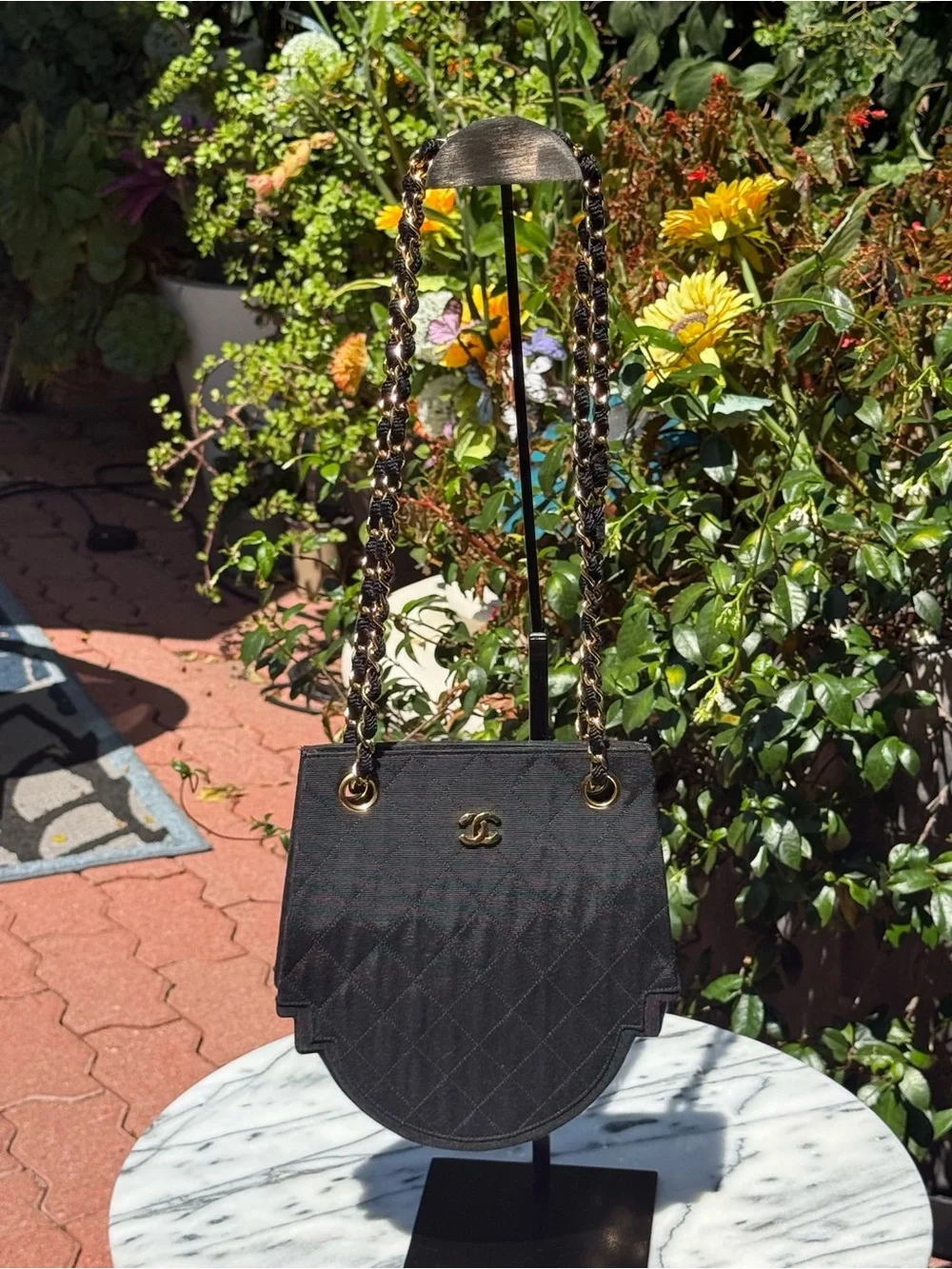 CHANEL Black Quilted Canvas Shoulder Bag with Gold Chain and CC Logo 1986-1988